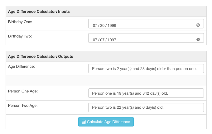 Age difference calculator screenshot for two